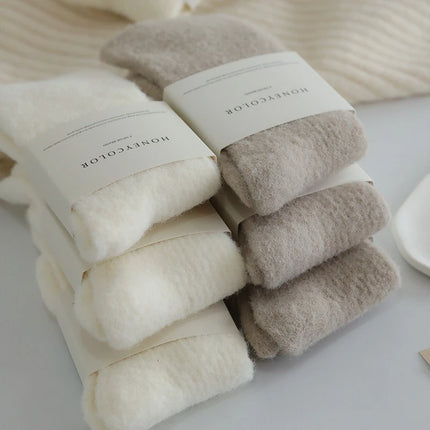 1 Pair Mid Tube Socks for Women Solid Color with Fleece Thickened Warm Floor Socks Winter Thermal Sleep Socks Set High Quality