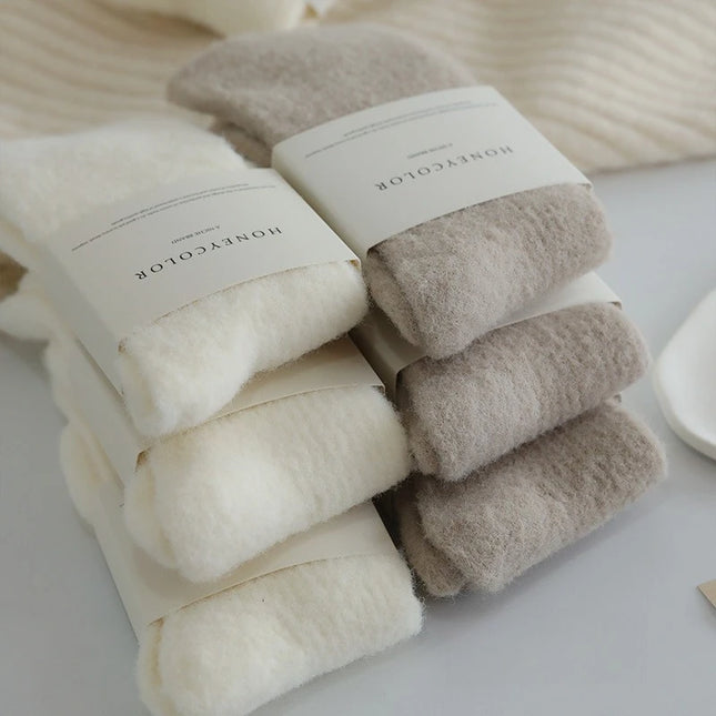 1 Pair Mid Tube Socks for Women Solid Color with Fleece Thickened Warm Floor Socks Winter Thermal Sleep Socks Set High Quality