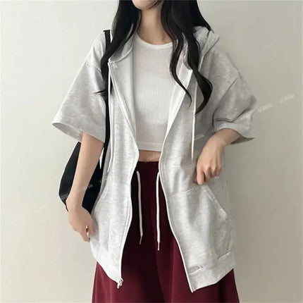 Women's Half Sleeve Zip Up Hoodie Loose Fit Casual Oversized Hooded Sweatshirt with Pockets