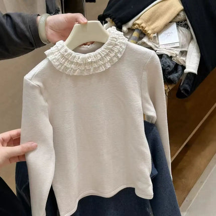 Girls' Autumn and Winter New Velvet Base Shirt 2025 New Stylish Design Solid Color Three-layer Lace Long Sleeved Top
