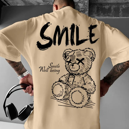 Trendy summer new men's personalized teddy bear print micro-elastic comfortable breathable crew neck T-shirt outdoor urban top