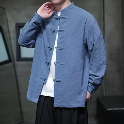 Chinese Style Men Long Sleeve Casual Shirt New 2026 Spring Vintage Mandarin Collar Loose Male Cotton Linen Tops Shirts N055