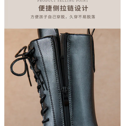 Girls' Boots Autumn Winter British Style Lace Up Long Boots Solid Color Princess Leather Boots Plus Velvet Kids Knight Boot