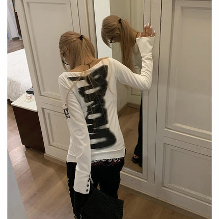 Tonngirls American Retro Print T-shirt Women Long Sleeve Button Graphic Tops Y2k Tops 2000s Japanese Grunge Tops E-girls Autumn