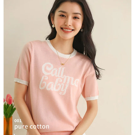 New women's short-sleeved 100% cotton knitted O-neck women's T-shirt Korean version fashionable hot selling top