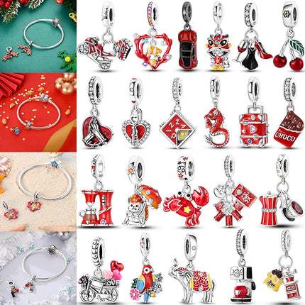 Charms Plata De Ley 925 Red Color Series Charm Red Elephant Animal Fruit Beads of Original Fits Women Anniversary Jewelry Charms