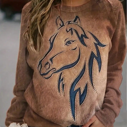 2026 Women's Casual Elegant Spring and Autumn Edition Horse Pattern Solid Color Round Neck Comfortable Long Sleeve Hoodie Top