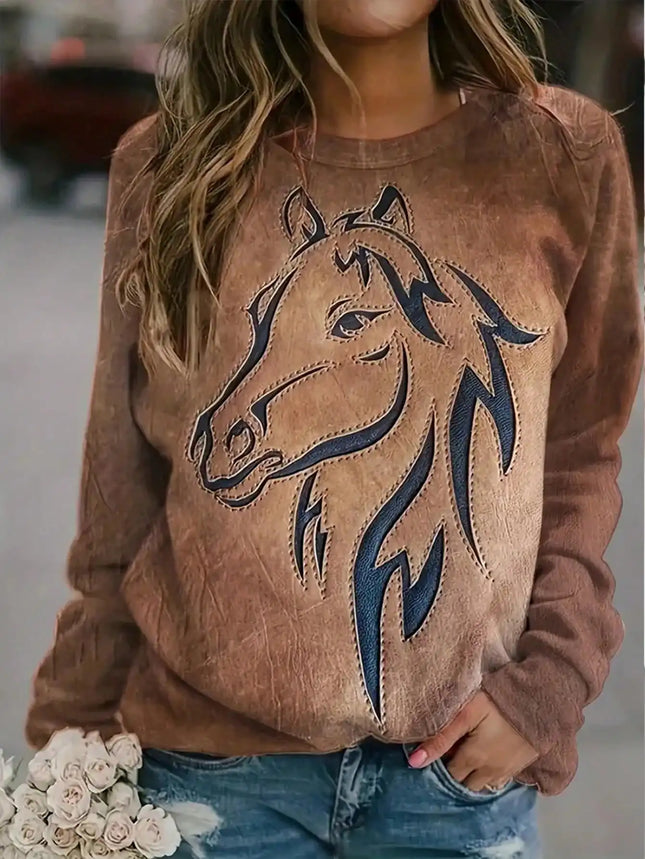 2026 Women's Casual Elegant Spring and Autumn Edition Horse Pattern Solid Color Round Neck Comfortable Long Sleeve Hoodie Top