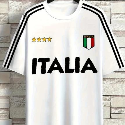 Men's Crew Neck T-shirt With "ITALIA" Print Soft And Breathable Suitable For Outdoor Sports Casual Wear And Holiday Celebrations