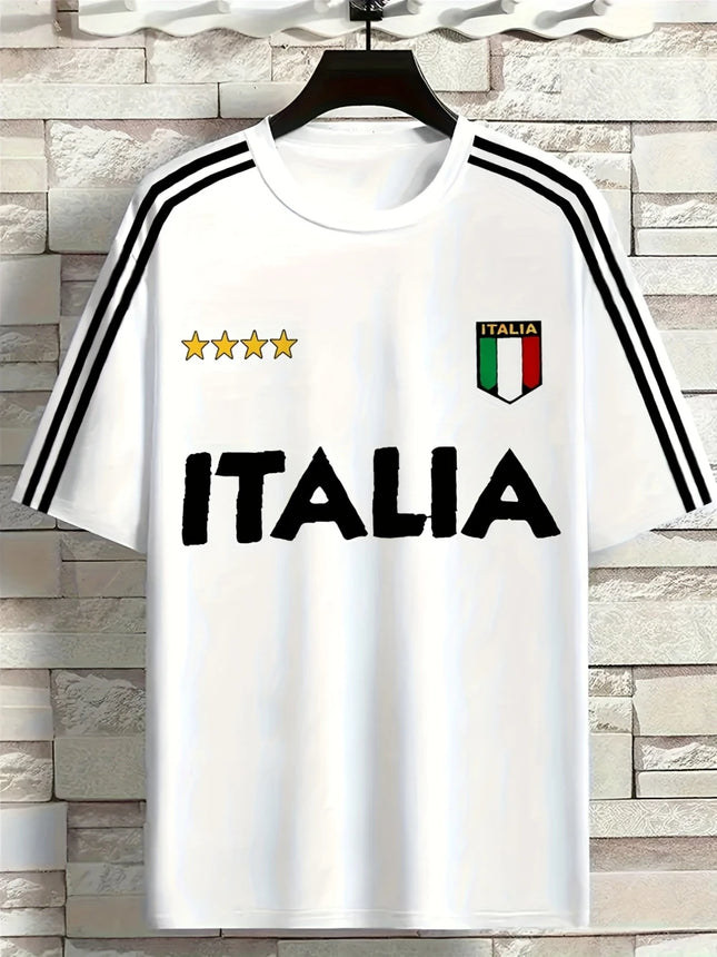 Men's Crew Neck T-shirt With "ITALIA" Print Soft And Breathable Suitable For Outdoor Sports Casual Wear And Holiday Celebrations