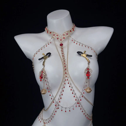 Ruby Red Sexy Body Chain Chest Chain Collar Waist Chain Nipple Clamps Nipple Stimulation Women's Wear Adult Toy SM Training Tool