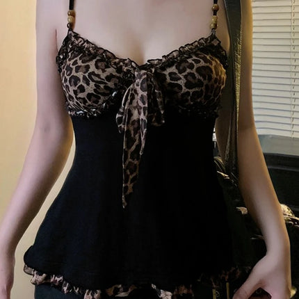 American Hotsweet Y2k Leopard Camisole Women Retro Streetwear E-girl 90s Dark Gothic Sexy Patchwork Lace-up Crop Tank Top Femme