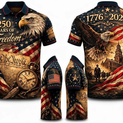 250 Years of Freedom Polo Shirt 1776–2026, Patriotic American Eagle Polo USA Flag Independence Day Shirt 4th of July Gift