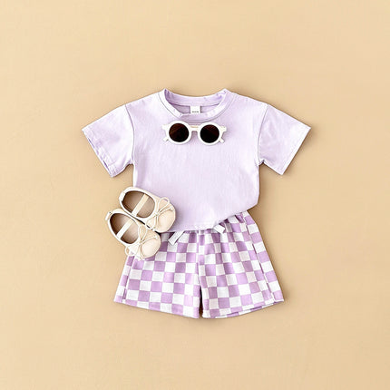 2PCS Kids Clothes Baby Boys Girls Solid Color Short Sleeve T-shirt Plaid Pattern Shorts Sets Baby Clothing Sets 0-3Y