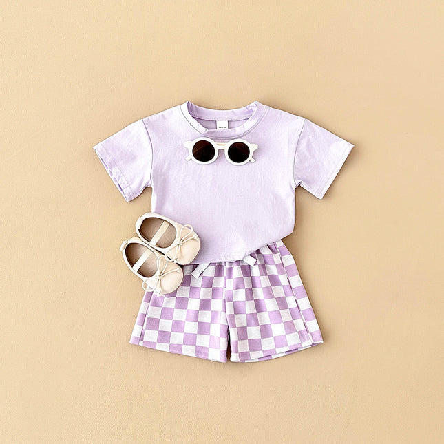 2PCS Kids Clothes Baby Boys Girls Solid Color Short Sleeve T-shirt Plaid Pattern Shorts Sets Baby Clothing Sets 0-3Y