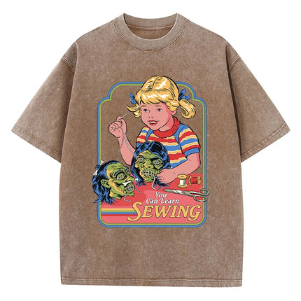You Can Learn Sewing Print Women Distress T Shirt Summer Breathable Wash Tshirt Street Fashion Tees Casual Sport Cool T-Shirts
