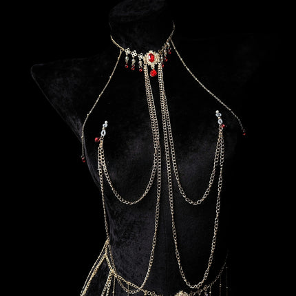 Red Ruby Nipple Clamps with Collar and Body Chain BDSM Training Adjustable Waist Chain Sexy Accessories for Women Adult Sex Toys