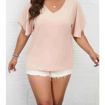 Plus Size 1XL-5XL Women's Solid Color  Short Sleeve Blouse V Neck Bell Sleeve Blouse Casual Pullovers Shirt Top