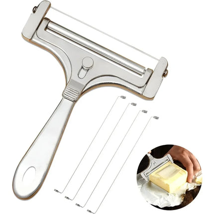 Cheese Cutter,manual Cheese Slicer with A Set of 4 Spare Wires,butter knife, Stainless Steel, Casters, Adjustable Thickness