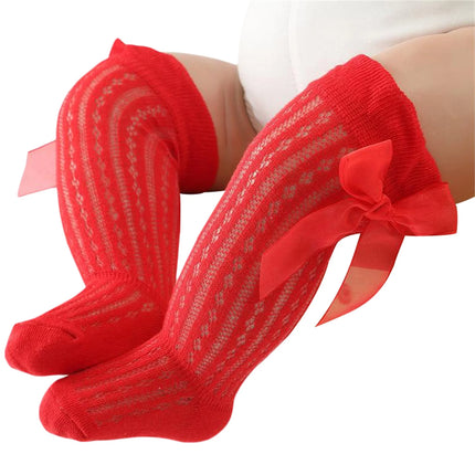 Infant Baby Girls Long Stockings Princess Solid Color Cute Bowknot Breathable Loose Mouth Socks Over-The-Knee Socks 0-24M