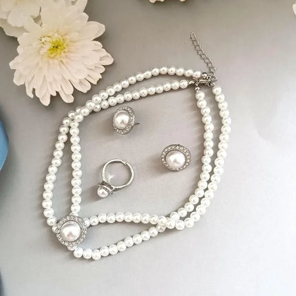 4Pcs for Women's Party Accessories Jewelry Fashion Elegant Geometric Round Rhinestone Imitation Pearl Beaded Necklace Earring
