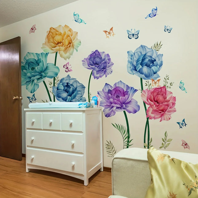 Large Colorful Peony Flower Butterfly Wall Stickers Floral Nature Plants Wall Decals Bedroom Playroom Home Decor