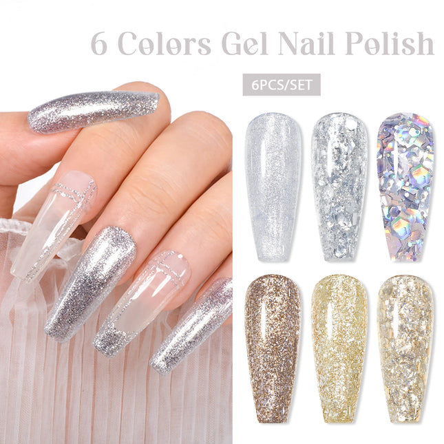 7PCS/SET Glitter Nail Polish,Sparkly Shiny UV LED Soak Off 6Colors Gel Polish Kit Home DIY Manicure Nail Salon Varnish With Tool