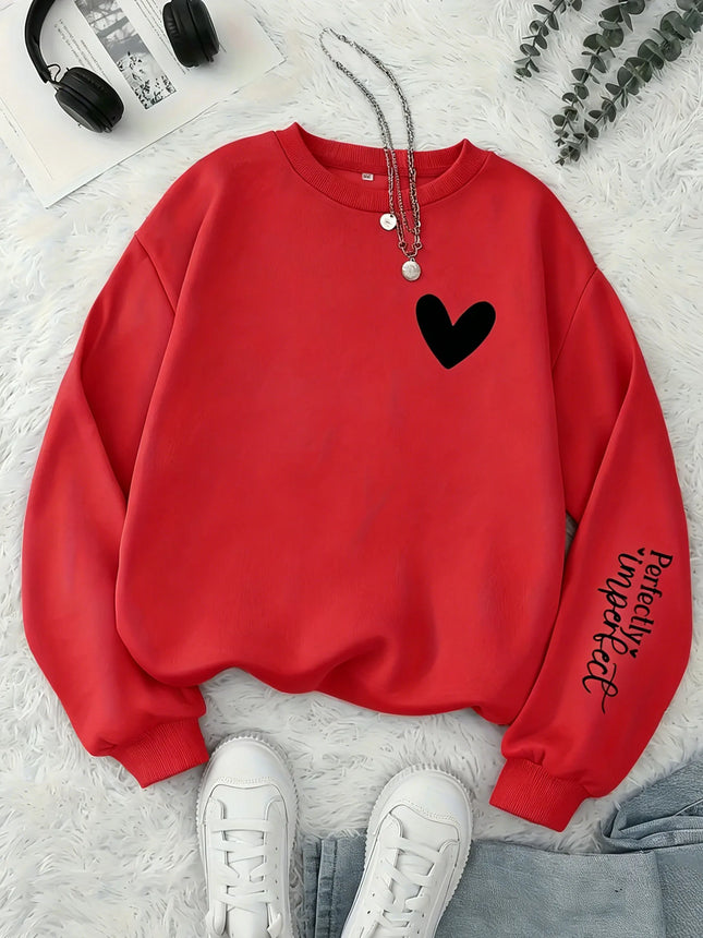 Women Perfectly Imperfect Letter Print Sweatshirt Cute Heart Crew Neck Pullover Casual Soft Fleece Long Sleeve Girls Streetwear