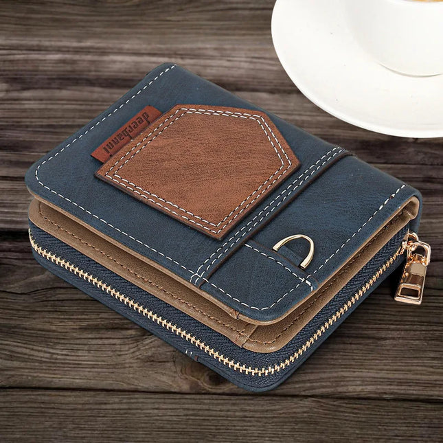 New European American Business Men's Patchwork Bifold Wallet Minimalist Foldable Zipper Slim Dollar Coin Purse