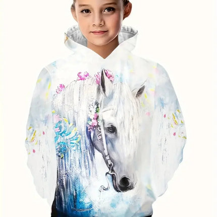Cool Horse Girl Clothes Animals 3D Print Autumn Long Sleeve Hoodies Loose Lightweight Sweatshirt Comfortable Children's Clothing