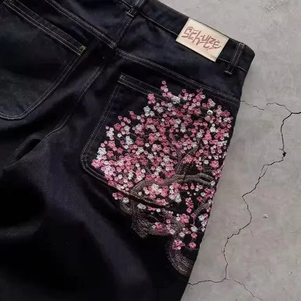 Y2K Vintage Low Waist Hip Hop Cherry Blossom Embroidered Jeans  Wide Leg Trousers Clothes Mens Embroidered Baggy Jeans Womes