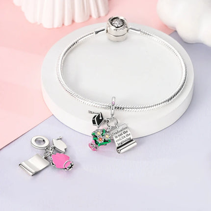 100% 925 Sterling Silver Graduation Season Series Owl Bachelor's Hat Charms Beads Fit 3mm 925 Original Bracelets DIY Jewelry