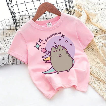 Cute Pusheens Children's Cotton T-shirt Short Sleeve Clothes Anime Popular Cartoon Kids Girl Tees Streetwear Toddler Casual Tops