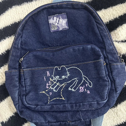 Japanese Simple Kawaii Cat Backpack Denim Handbag Shoulder Bags Small Mini Student Schoolbag Cute Women Backpack Woman Bags