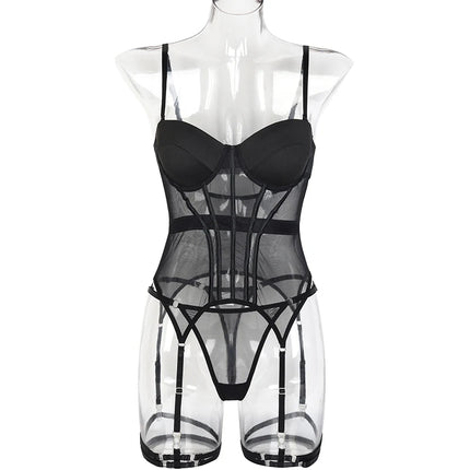 MUZISKAT Mesh  Lingerie Luxury Brand Bodysuit Backless Tops for Women 3 Piece Lingerie Set with Garter Sexydresses for Women