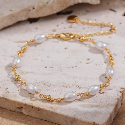 14K Gold Plated Pearl Bracelets Women Dainty Pearl Chain Bridesmaid Bracelets, Waterproof Wedding Jewelry for Women Adjustable