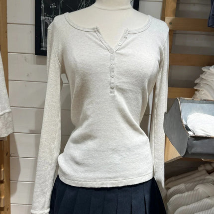 Six Buttons Ribbed Long Sleeve T-shirts Women Spring Round Neck Cotton Slim Tee Top Female Sweet Cute Pink Tshirt Y2k Tops New