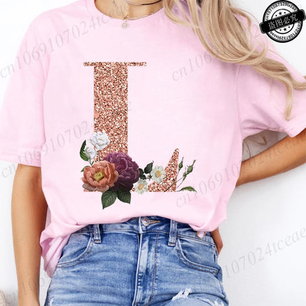 T Shirt for Women Clothing Summer Short Sleeve Tee shirts Rose Gold Letter A~Z Printed Graphic Tops Female T-Shirts Clothing