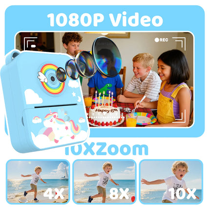Kids Camera Digital Children Camera Instant Print Photo Video Recorder Toddler Mini Thermal Printer Birthday Gifts Cute Unicorn