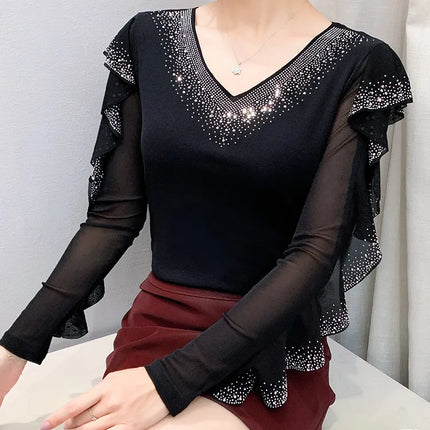 2025 Autumn New Style Mesh Tops Korean Fashion Round Neck Ruffles Shirt Lotus Leaf Edge Hot Diamond Long Sleeve Women T Shirt