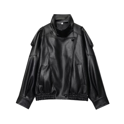 TFMLN Chic Black Faux Leather Jackets Women Long Sleeve Buttons Elastic Oversized Coats Fashion 2025 Autumn Winter Streetwear