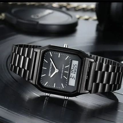 SANDA P747  Dual Display Clock Unisex Waterproof Sports Quartz Watch Luxury Mens Style Watches Stainless Steel Women LED Digital