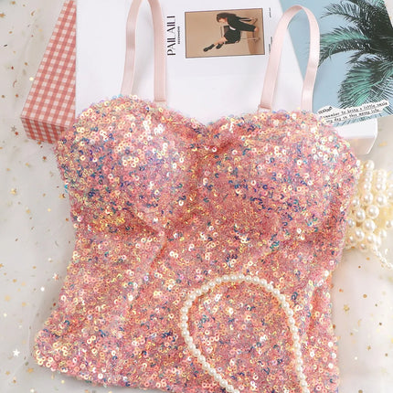 Small Sequin Ball One-Piece Fixed Vest Wrap Chest Base Layer Brtte for Girls Summer Outing ort High Elastic Polye...