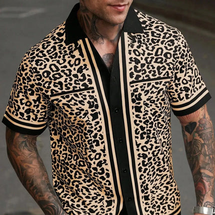 Men's Summer Leopard Print Short Sleeved T-Shirt Hawaiian Shirt Beach Vacation Casual Shirt Fashionable and Versatile Person