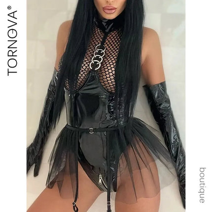 Tornova Sexy Female Lingerie Patent Leather Patchwork Mesh Hollow Out See-through Interesting Garters Women's Underwear Jumpsuit
