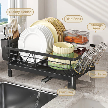 Metal Dish Drying Rack with Cup & Utensil Holders, Large Capacity Space-Saving Kitchen Sink Organizer