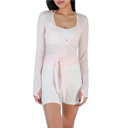 Women Sexy Wrap Crop Tops Tees Long Sleeve Deep V Neck Tie Workout Ballet Pilates Yoga T-Shirts with Thumb Holes Cropped Tops