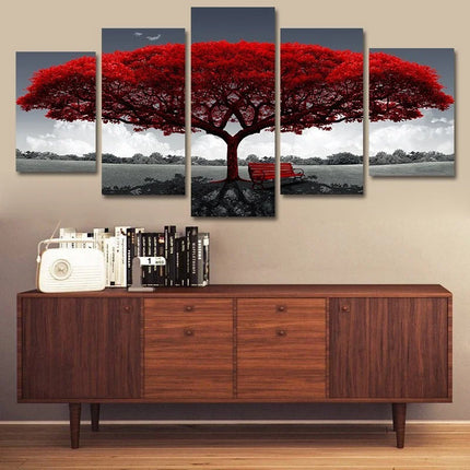 5Pcs/Set Modern Red Lucky Tree Wall Art Canvas Posters Unframed for Living Room Home Decor