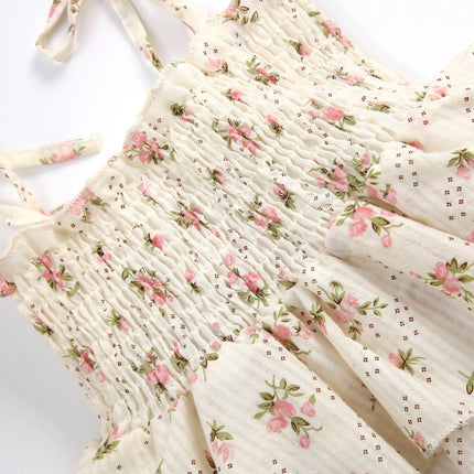Infant Baby Girl Summer Jumpsuit Set Floral Elasticated Bust Sleeveless Strap Ruffled Romper with Bow Headband Outfit