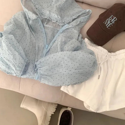 Summer Polka Dot Sun Protection Jacket Loose Fit Thin Hooded Jacket Long Bubble Sleeve Breathable Quick Dry Jacket